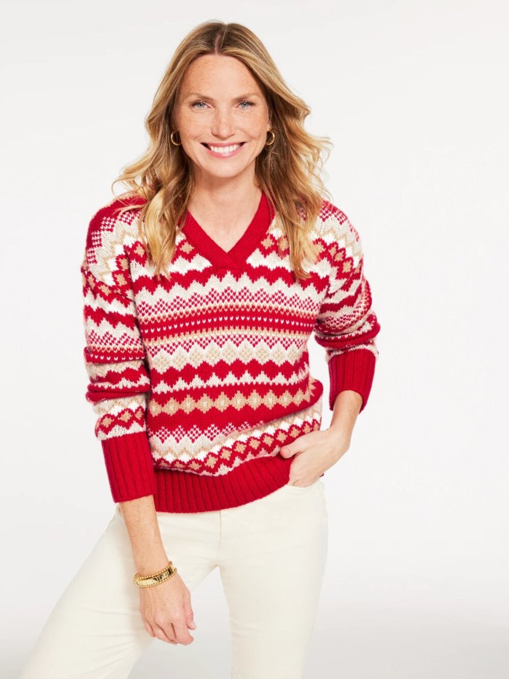 Talbots V-Neck Sweater Twilight Fair Isle Red